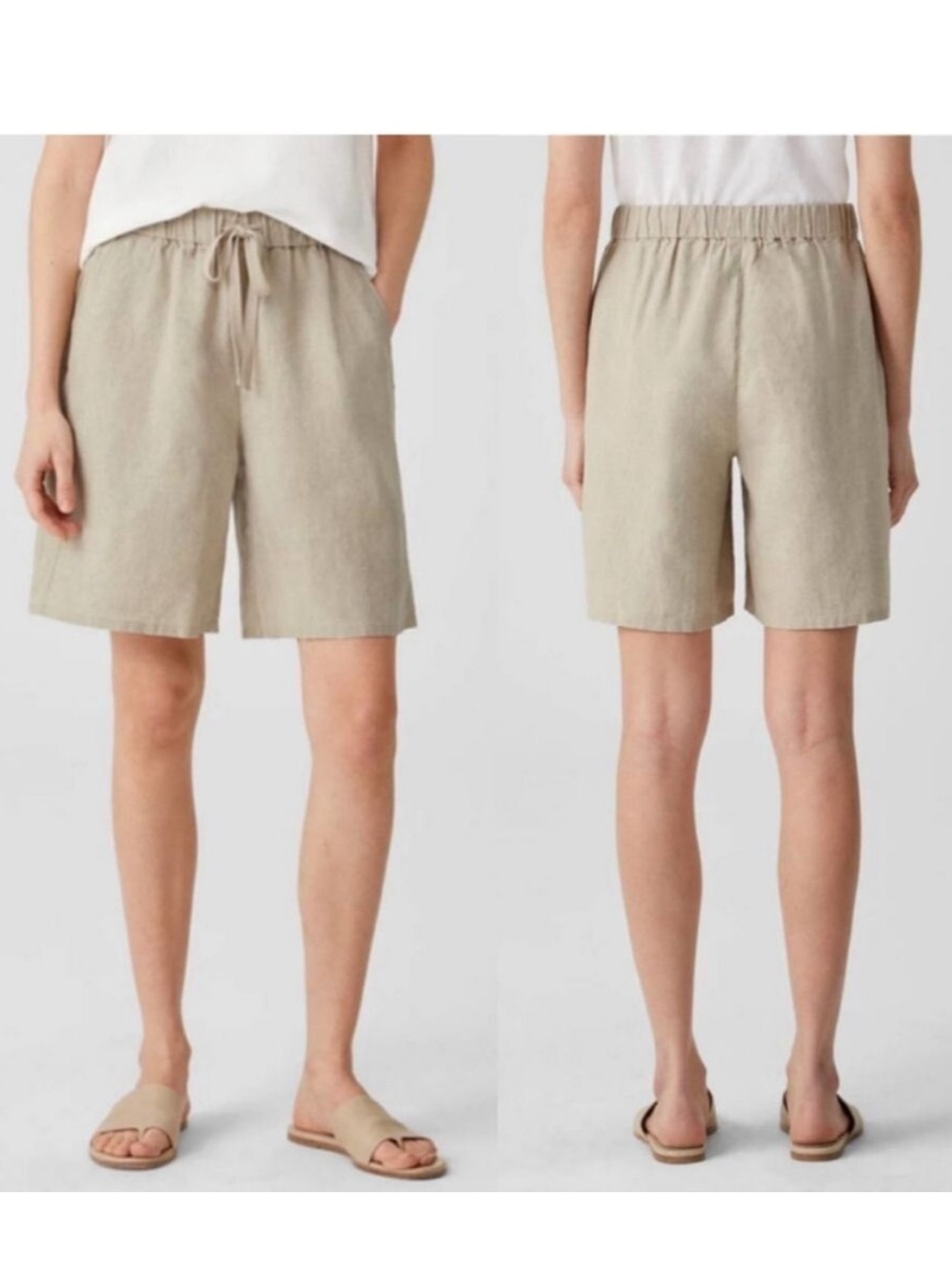 NEW Eileen Fisher Organic Linen Unnatural Mid Thigh Shorts in Tan Size 1X